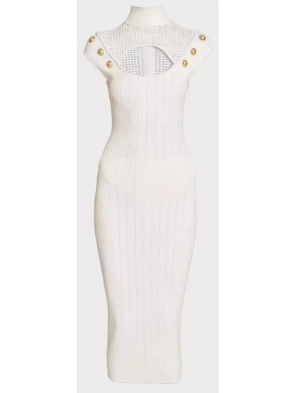 6-Button Cutout Mesh-Inset Knit Dress - Dresses