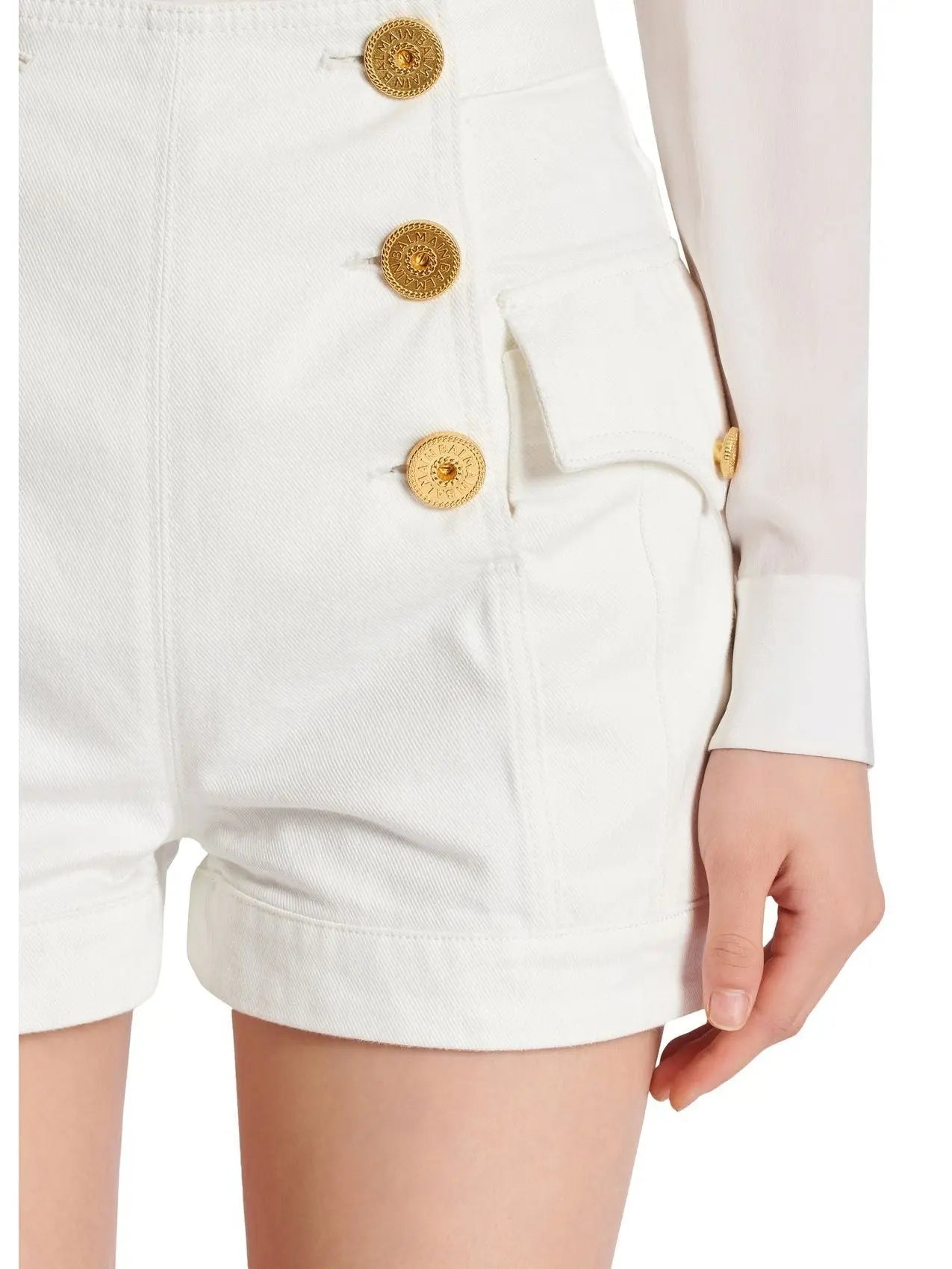 6-Button White Denim Shorts - Jeans & Pants