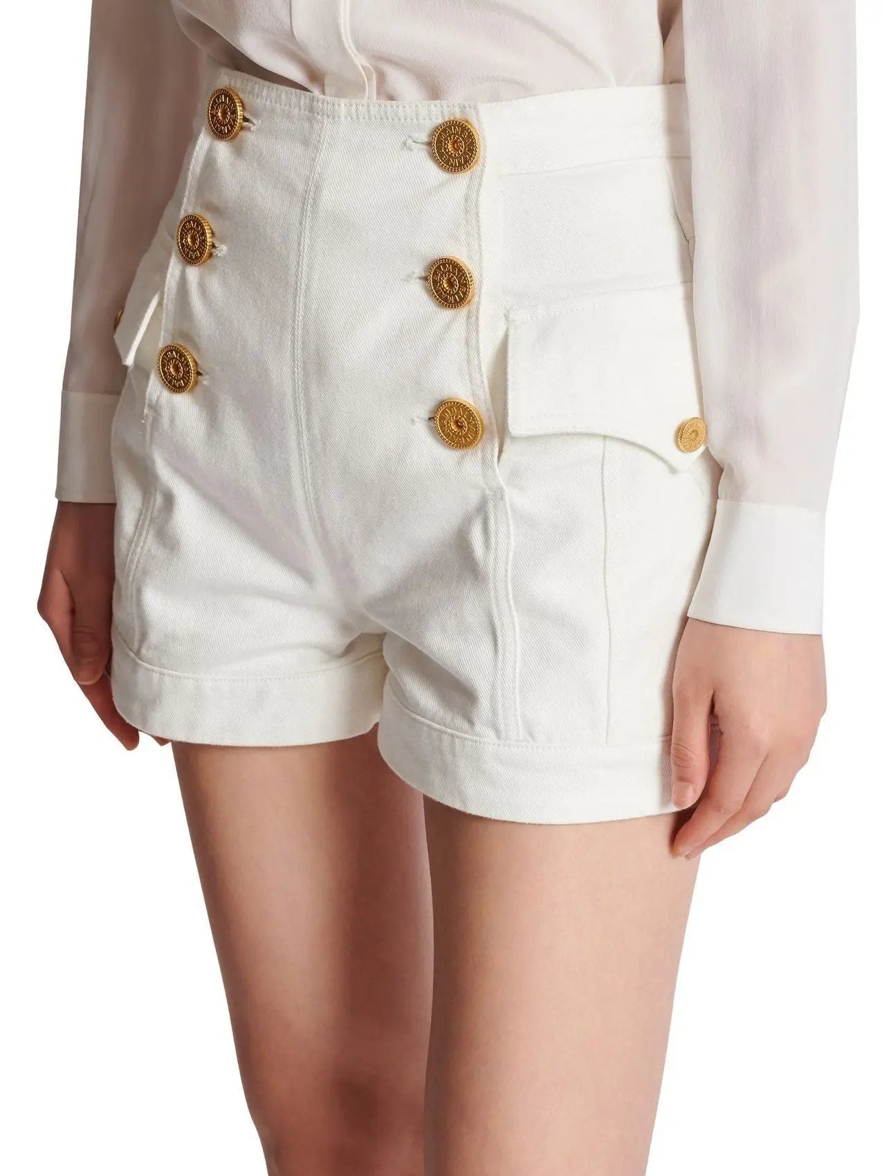 6-Button White Denim Shorts - Jeans & Pants