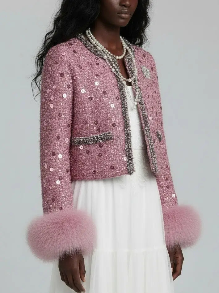 Pink Sequin Tweed Jacket with Fur Cuffs - Jackets