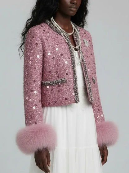 Pink Sequin Tweed Jacket with Fur Cuffs - Jackets