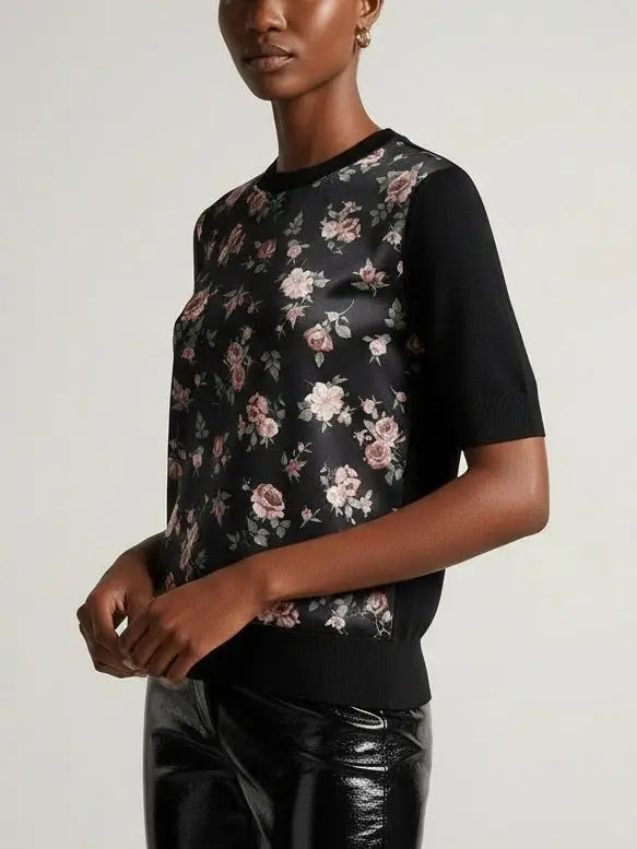 Black Silk Knit Top with Printed Roses - Tops