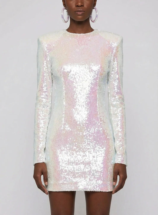 Iridescent All-Over Sequin Long Sleeve Mini Dress - S - Dresses