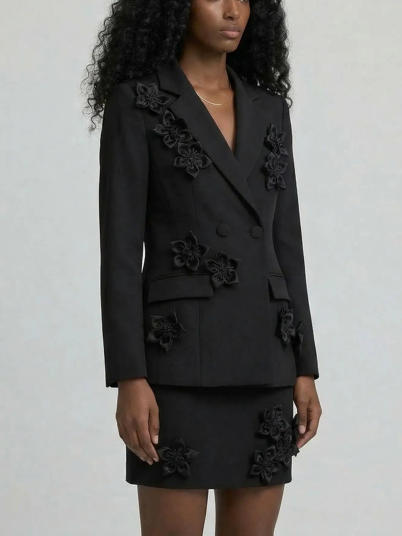 3D Floral Blazer and Mini Skirt Set - Suits & Sets
