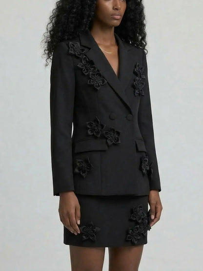 3D Floral Blazer and Mini Skirt Set - Suits & Sets