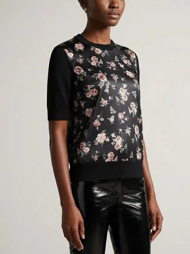 Black Silk Knit Top with Printed Roses - Tops