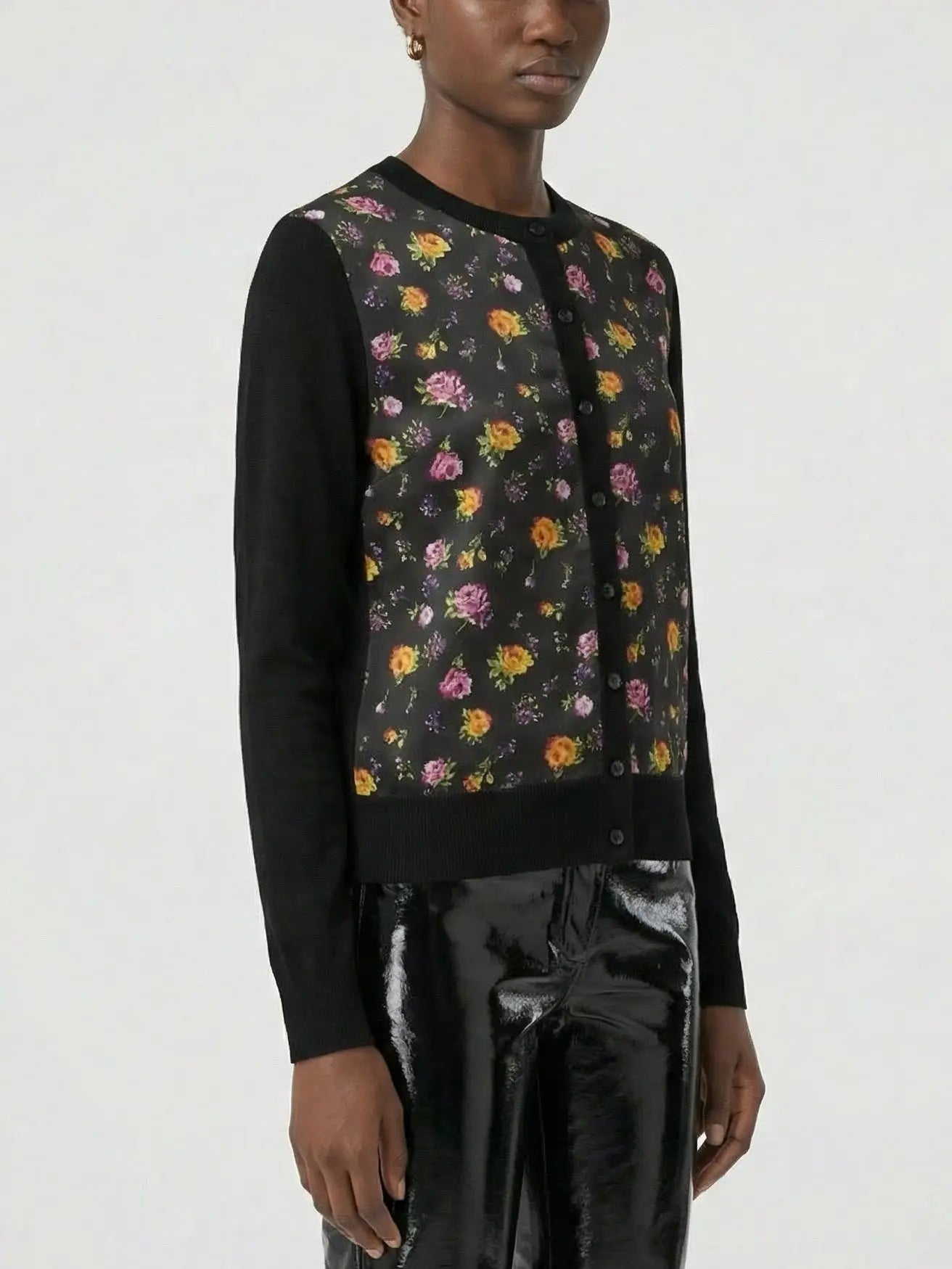 Black Silk Knit Cardigan with Multicolored Rose Print - Sweaters & Knitwear