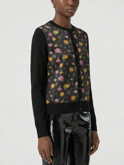 Black Silk Knit Cardigan with Multicolored Rose Print - Sweaters & Knitwear