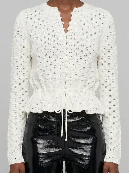 Pointelle Knit Peplum Cardigan Top - Sweaters & Knitwear