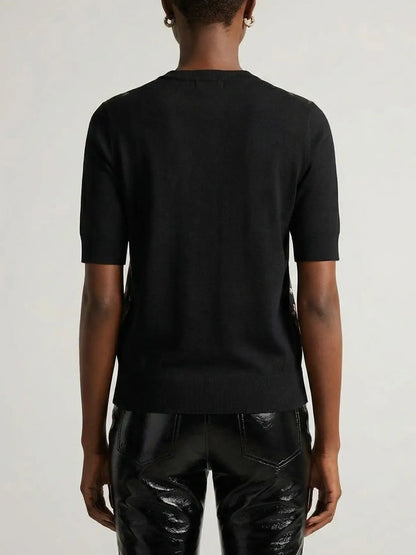 Black Silk Knit Top with Printed Roses - Tops