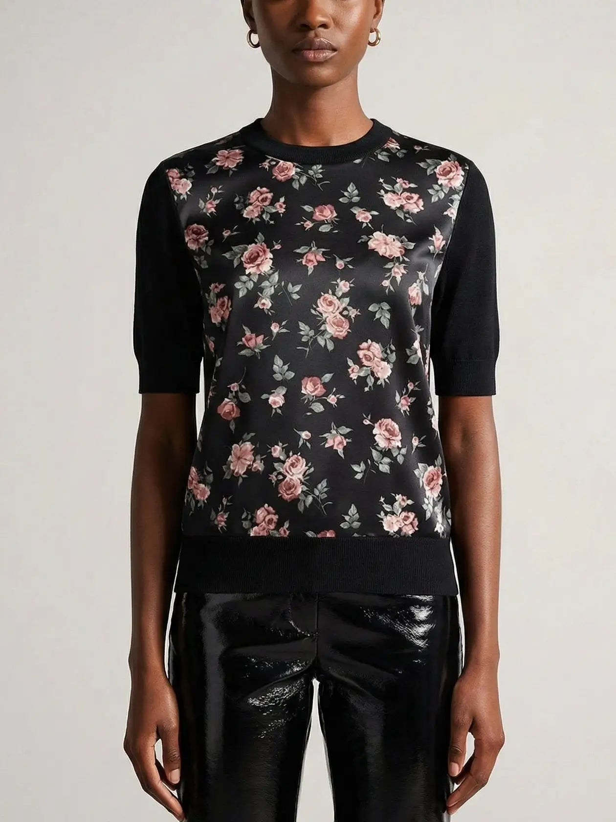 Black Silk Knit Top with Printed Roses - S - Tops