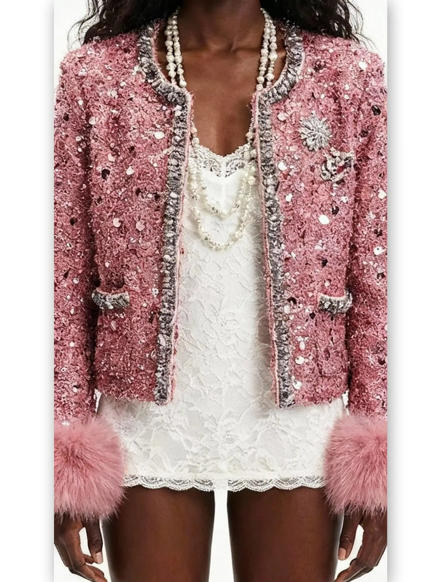 Pink Sequin Tweed Jacket with Fur Cuffs - Jackets