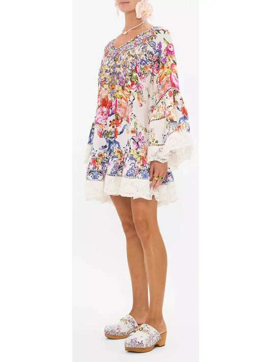 A Line Frill Dress with Floral Print - Branna Couture