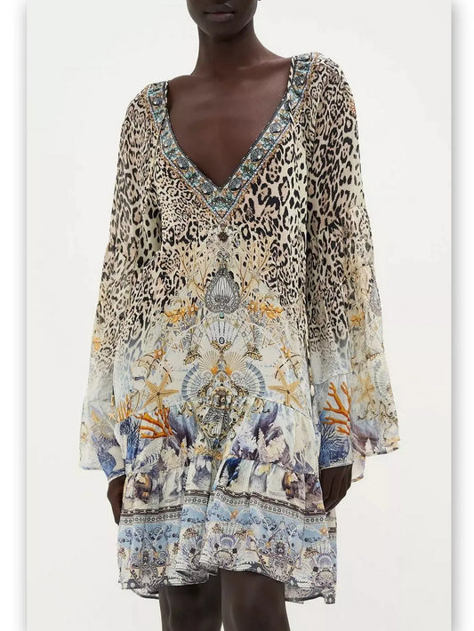 A-Line Gathered Panel Leopard and Mixed Print Silk Dress - Branna Couture