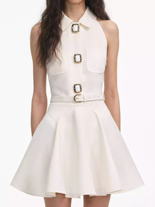 A-Line Belted Mini Dress in Ivory - Small - Dresses