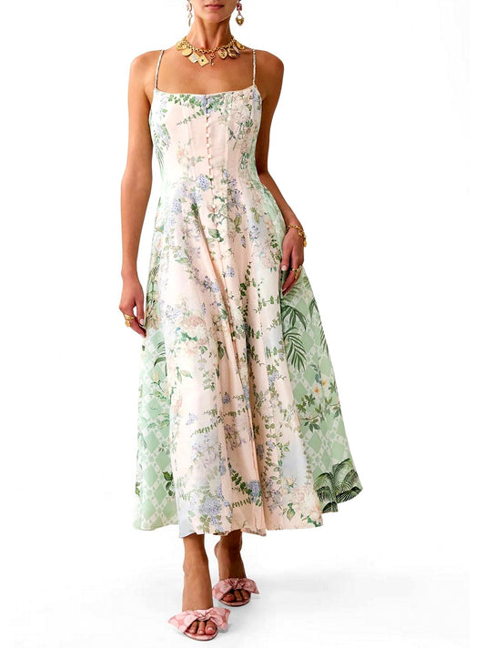 A-Line Corset Flared Dress with Garden Print
