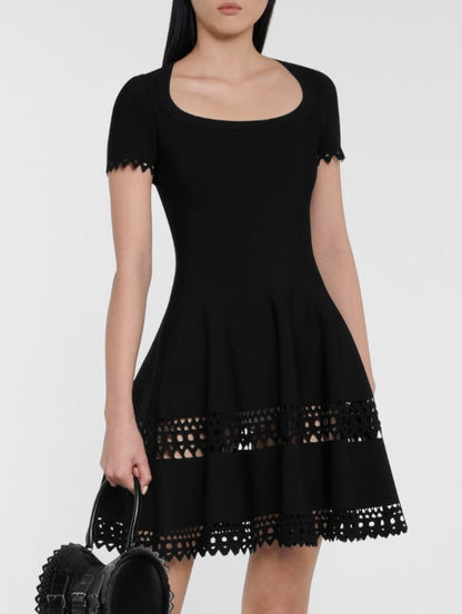 A-Line Cut-Out Stretch Knit Mini Dress in Black