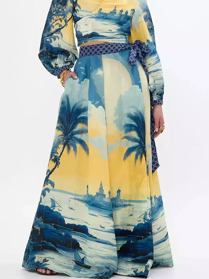 A-Line Printed Linen Wrap Maxi Skirt - S - Skirts