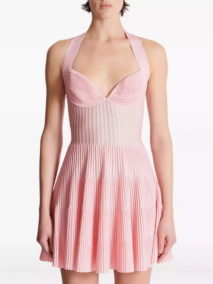 A-Line Knit Halterneck Mini Dress - Small / Pink - Dresses