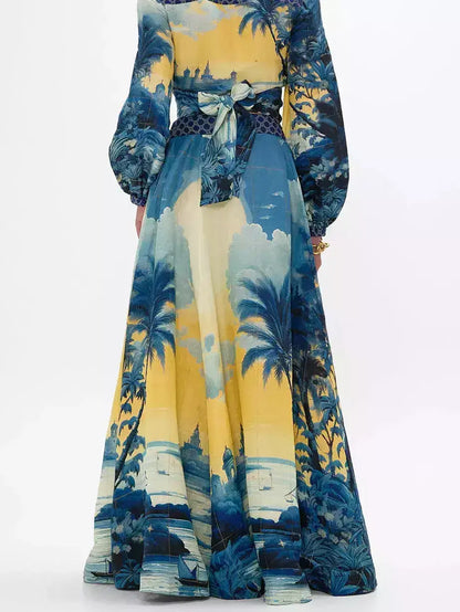 A-Line Printed Linen Wrap Maxi Skirt - Skirts