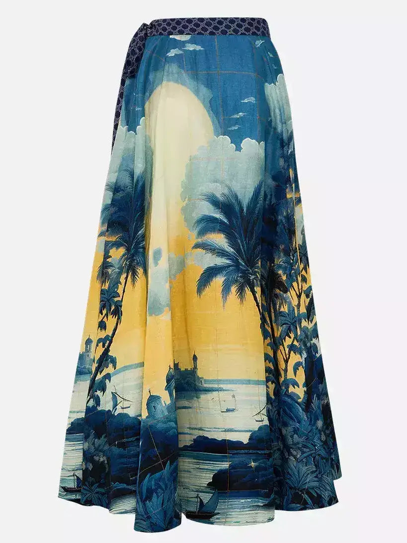 A-Line Printed Linen Wrap Maxi Skirt - Skirts