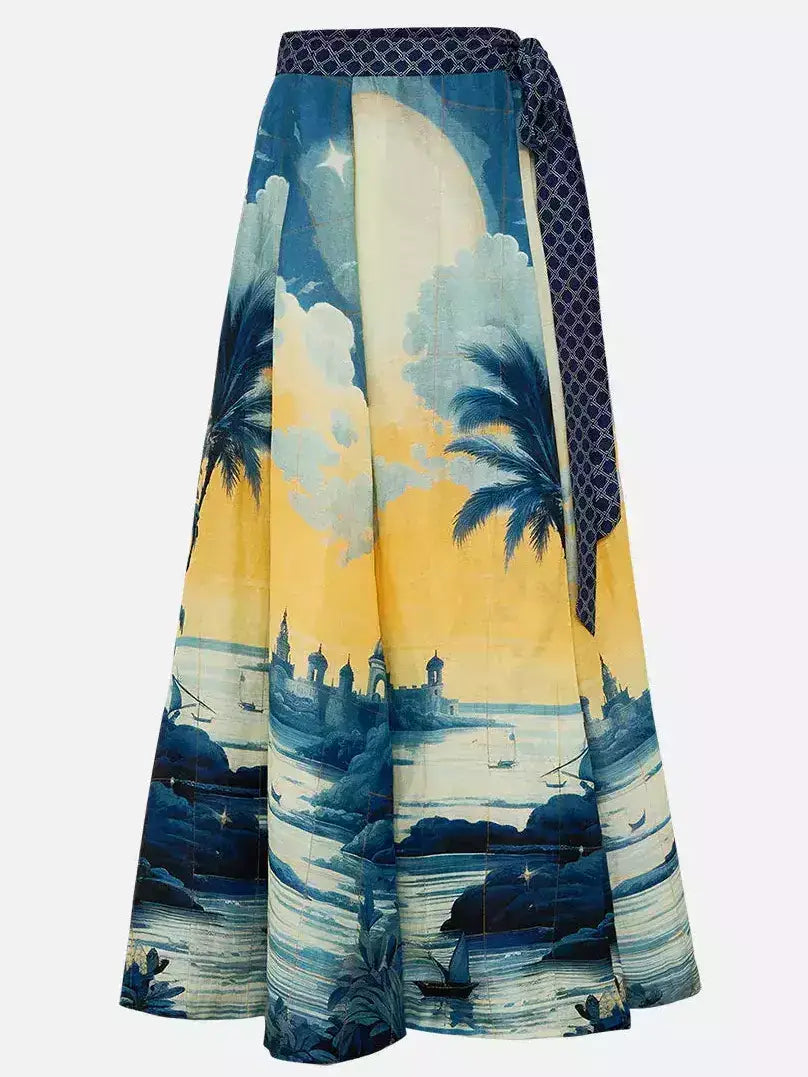 A-Line Printed Linen Wrap Maxi Skirt - Skirts