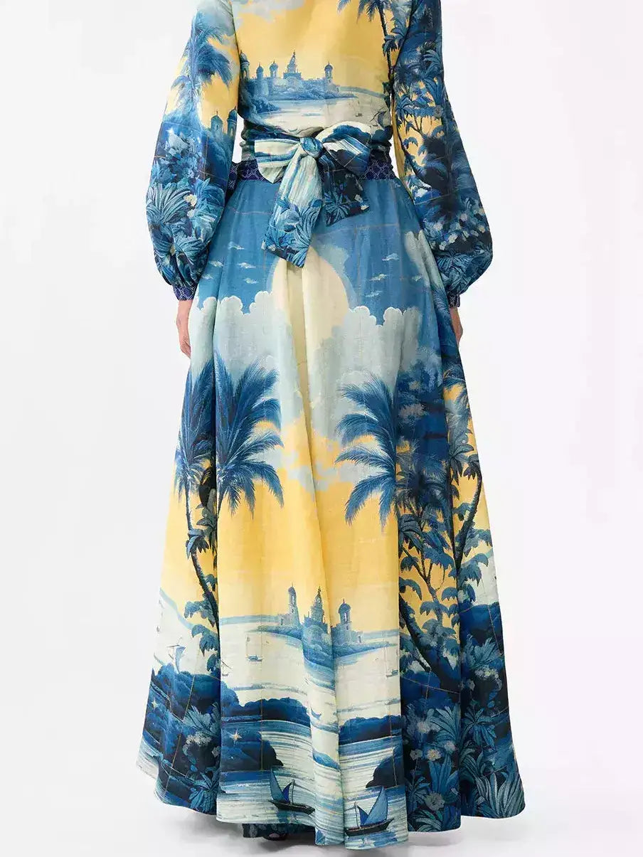 A-Line Printed Linen Wrap Maxi Skirt - Skirts