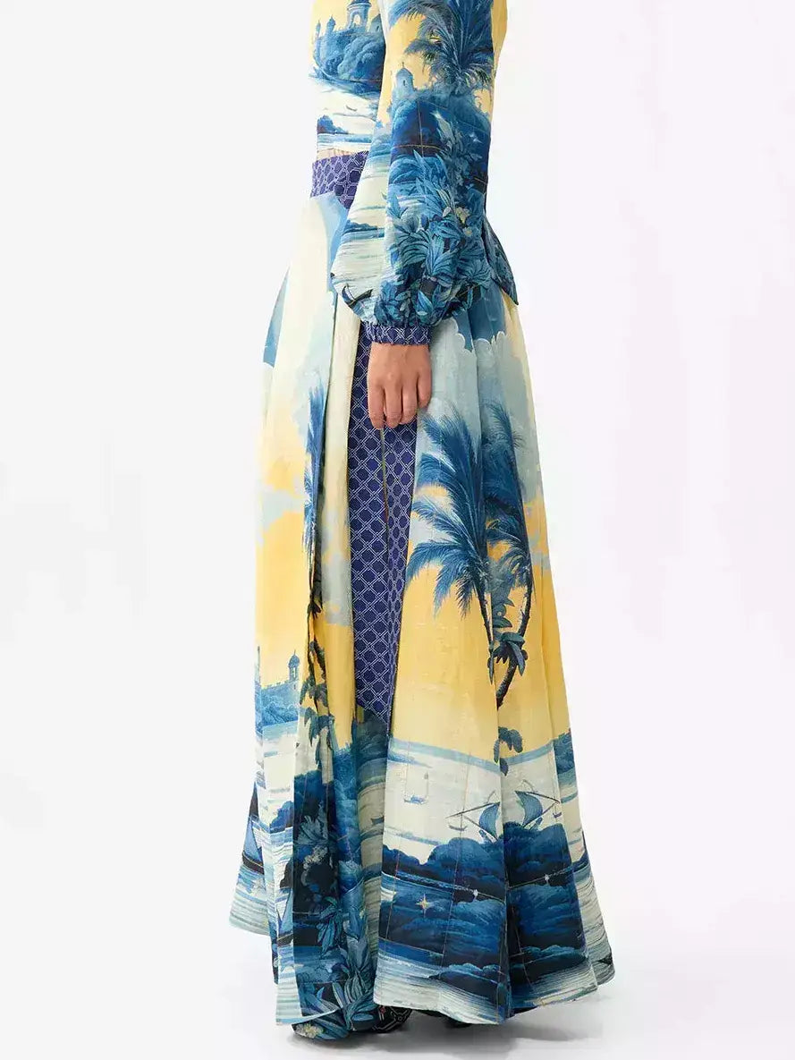 A-Line Printed Linen Wrap Maxi Skirt - Skirts