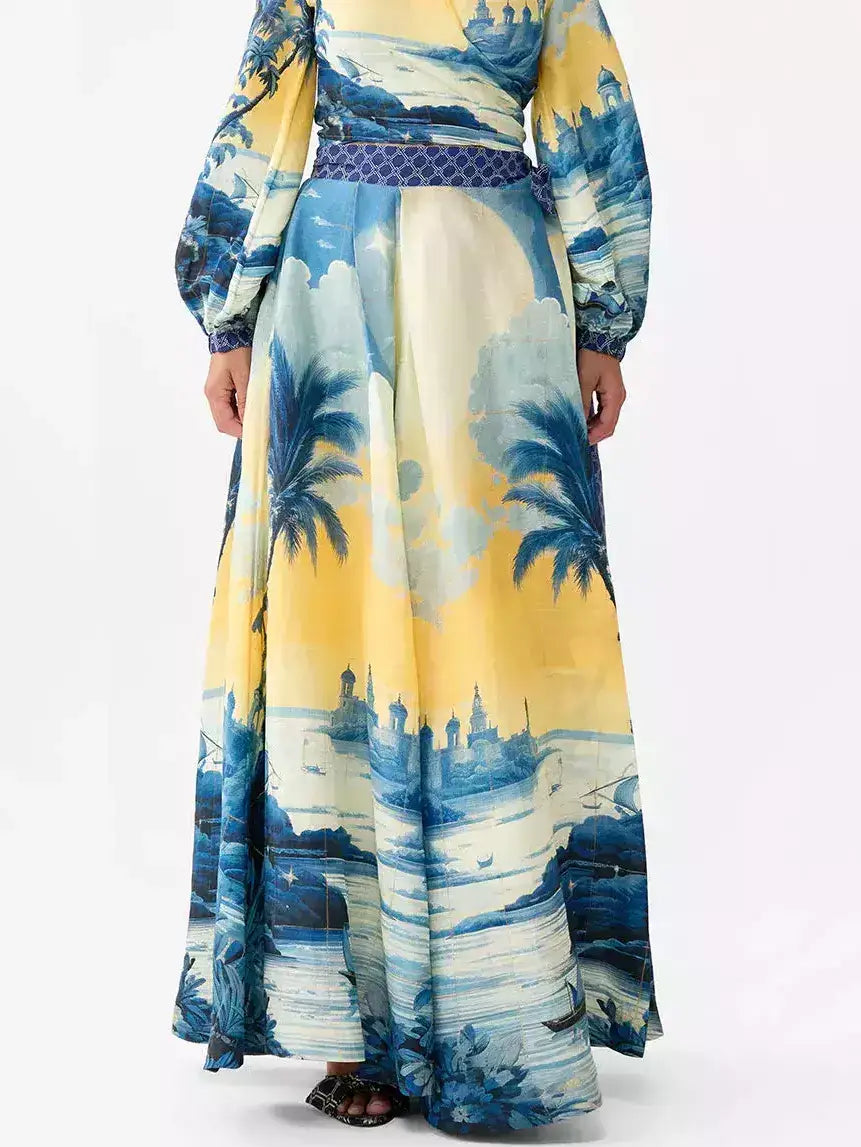 A-Line Printed Linen Wrap Maxi Skirt - Skirts