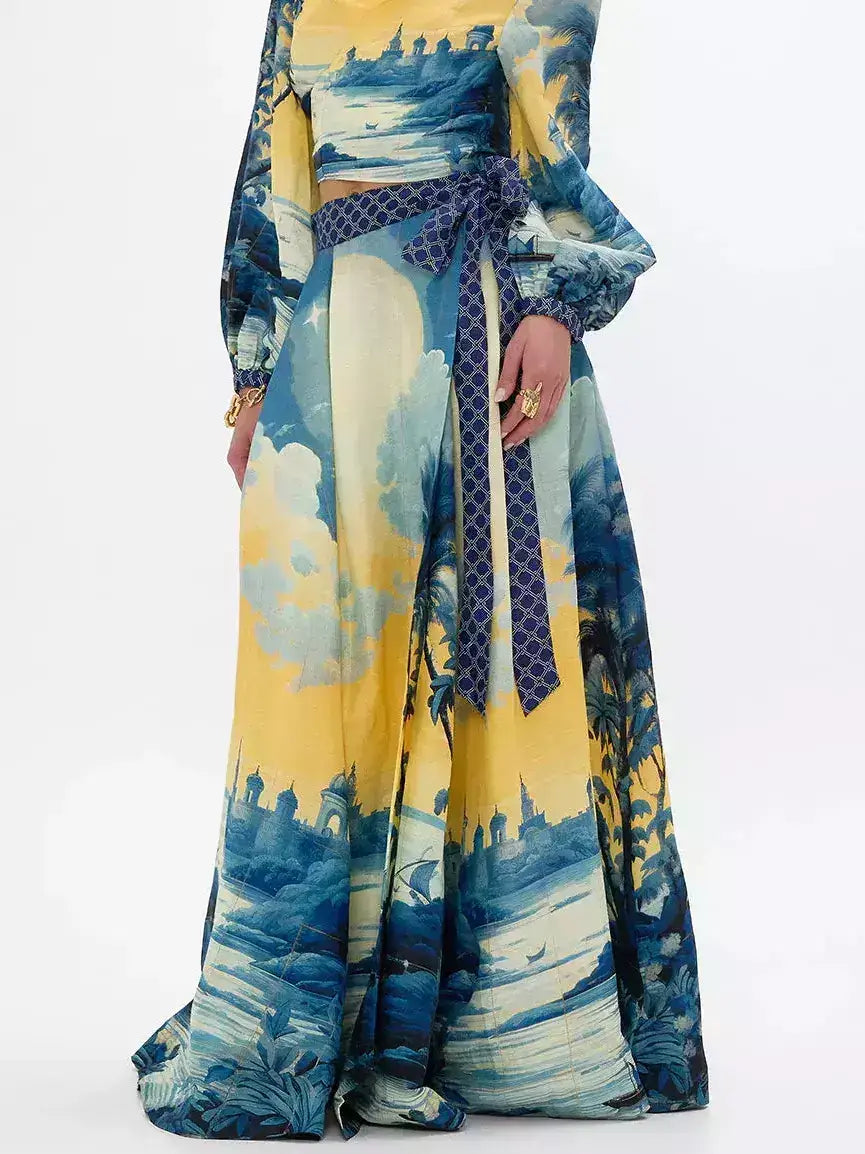 A-Line Printed Linen Wrap Maxi Skirt - Skirts