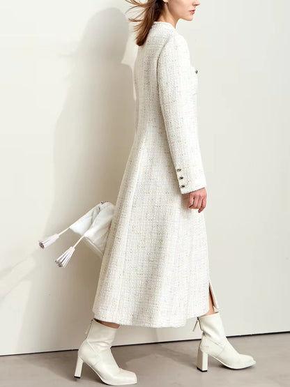 Tweed Wool-Blend Long Cardigan Coat in Ecru Branna Couture