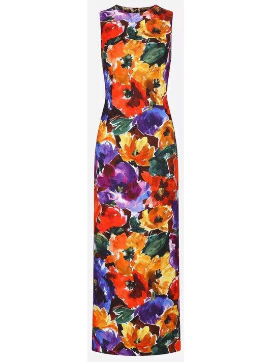 Abstract Anemone Flower Print Long Brocade Dress - Branna Couture