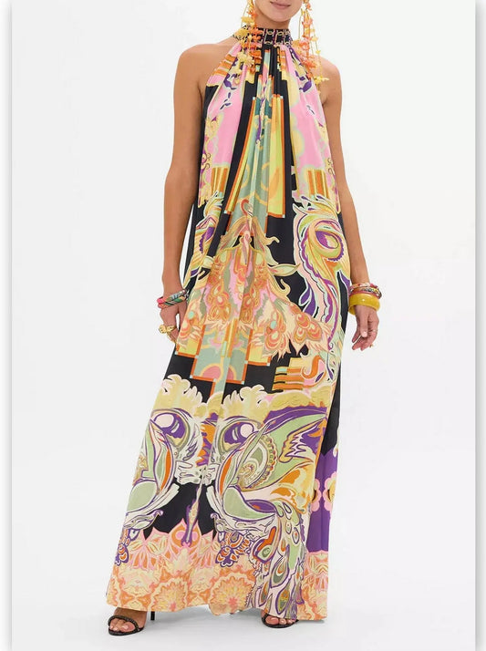 Abstract Printed Halter Tie-Neck Long Silk Dress - Branna Couture