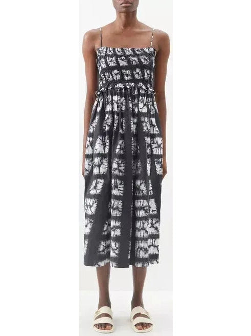 Abstract-Printed Sleeveless Cotton Midi Dress in Black and White - Branna Couture