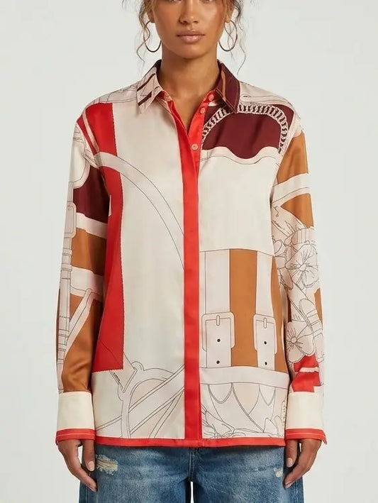 Abstract Belt and Buckle Mixed Print Silk Shirt - S - Tops
