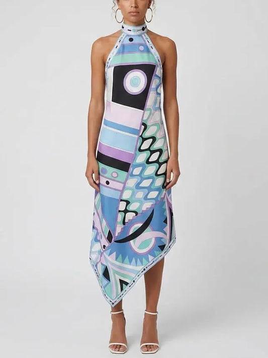 Abstract Geometric Halter Silk Asymmetric Dress - S - Dresses