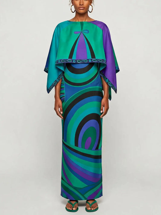 Abstract Geometric Silk Cape Maxi Dress - S - Dresses