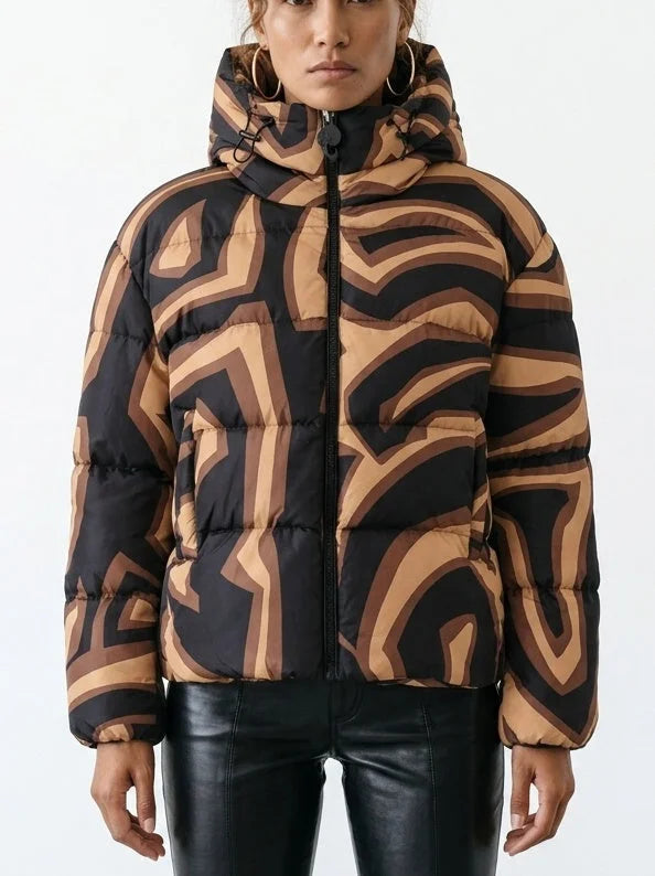Abstract High Neck Hooded Down Puffer Jacket - Small - Jackets