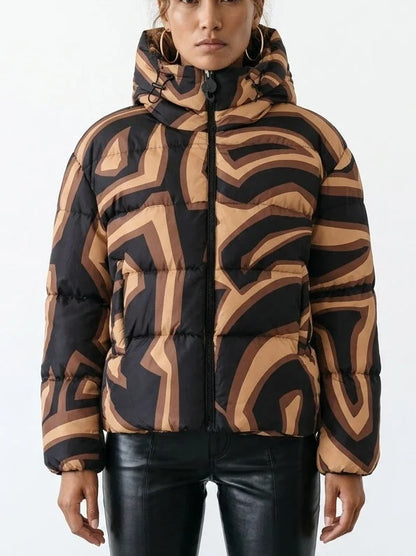Abstract High Neck Hooded Down Puffer Jacket - Small - Jackets