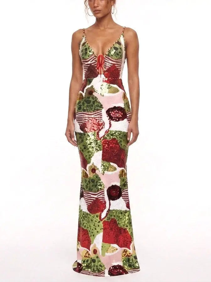 Abstract Multicolor Sequin Sheath Maxi Dress - Small - Dresses