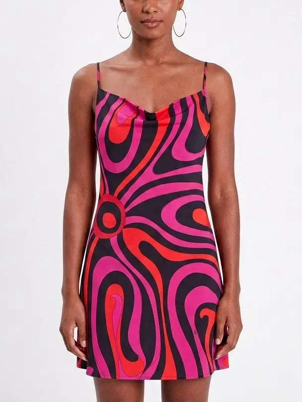 Abstract Print Silk Cowl Neck Mini Dress - S - Dresses