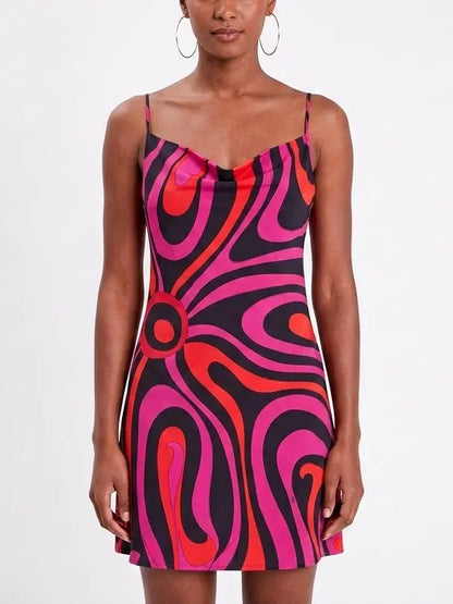 Abstract Print Silk Cowl Neck Mini Dress - S - Dresses