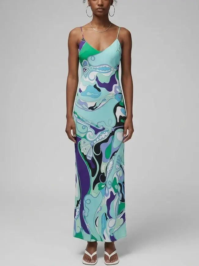 Abstract Print Silk Maxi Slip Dress - S - Dresses