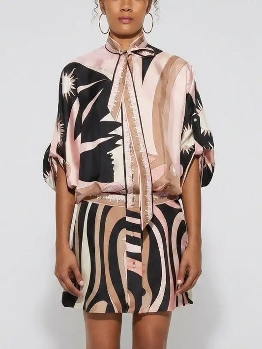 Abstract Print Silk Tie-Neck Mini Dress - S - Dresses
