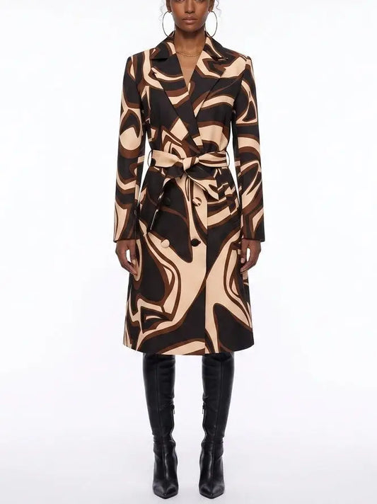 Abstract Printed Belted Double-Breasted Trench Coat - S - Coats