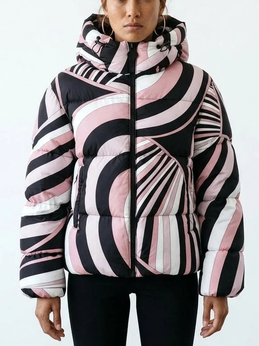 Abstract Printed Hooded Puffer Jacket - Small - Jackets