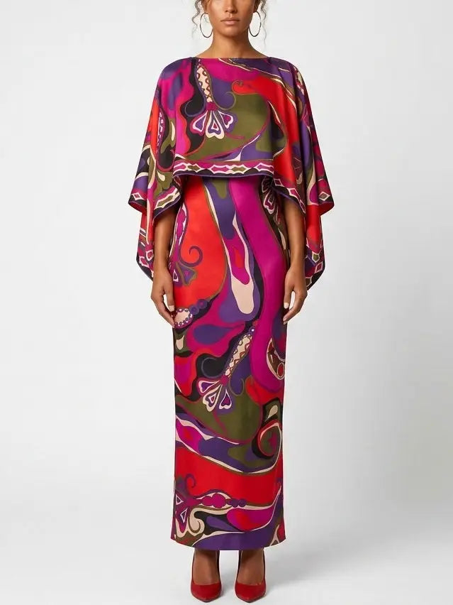 Abstract Silk Slip Maxi Dress and Cape in Multicolor - S - Dresses