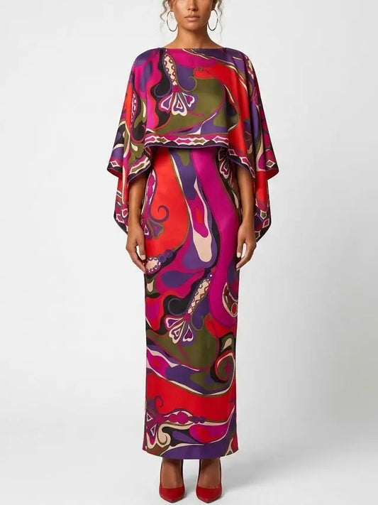 Abstract Silk Slip Maxi Dress and Cape in Multicolor - S - Dresses