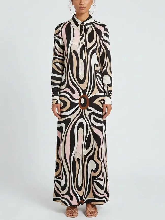Abstract Swirl Print Long Shirt Dress - S - Dresses