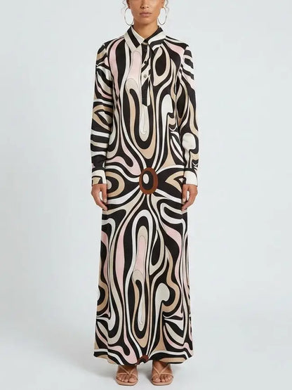 Abstract Swirl Print Long Shirt Dress - S - Dresses